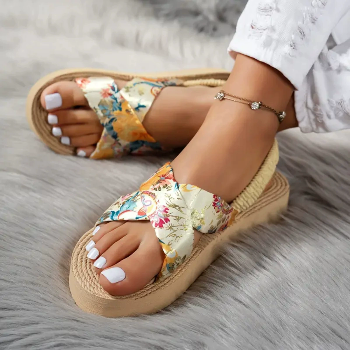 ID:21673 - Bohemian satin wedge flat sandals